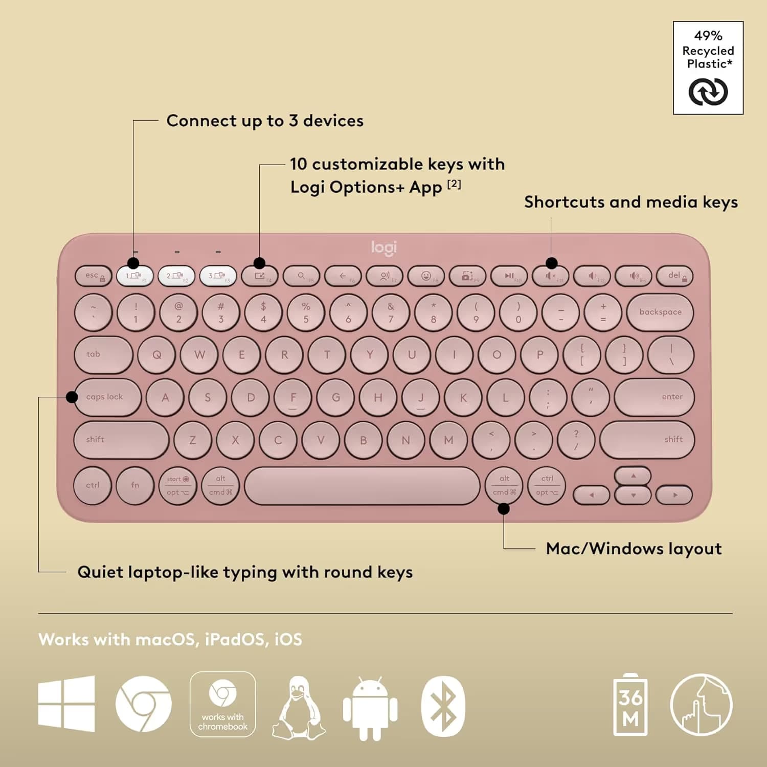 Logitech Pebble Keys 2 K380s Bluetooth Wireless Keyboard - Tonal Rose image