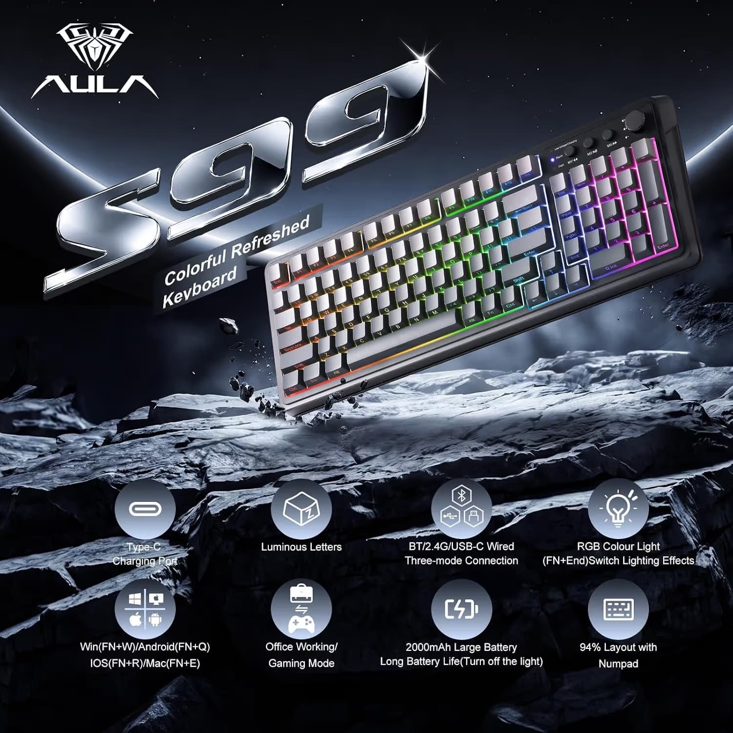 AULA S99 Tri-Mode (2.4G/BT/Wired) Programmable Full Size Membrane Gaming Keyboard image