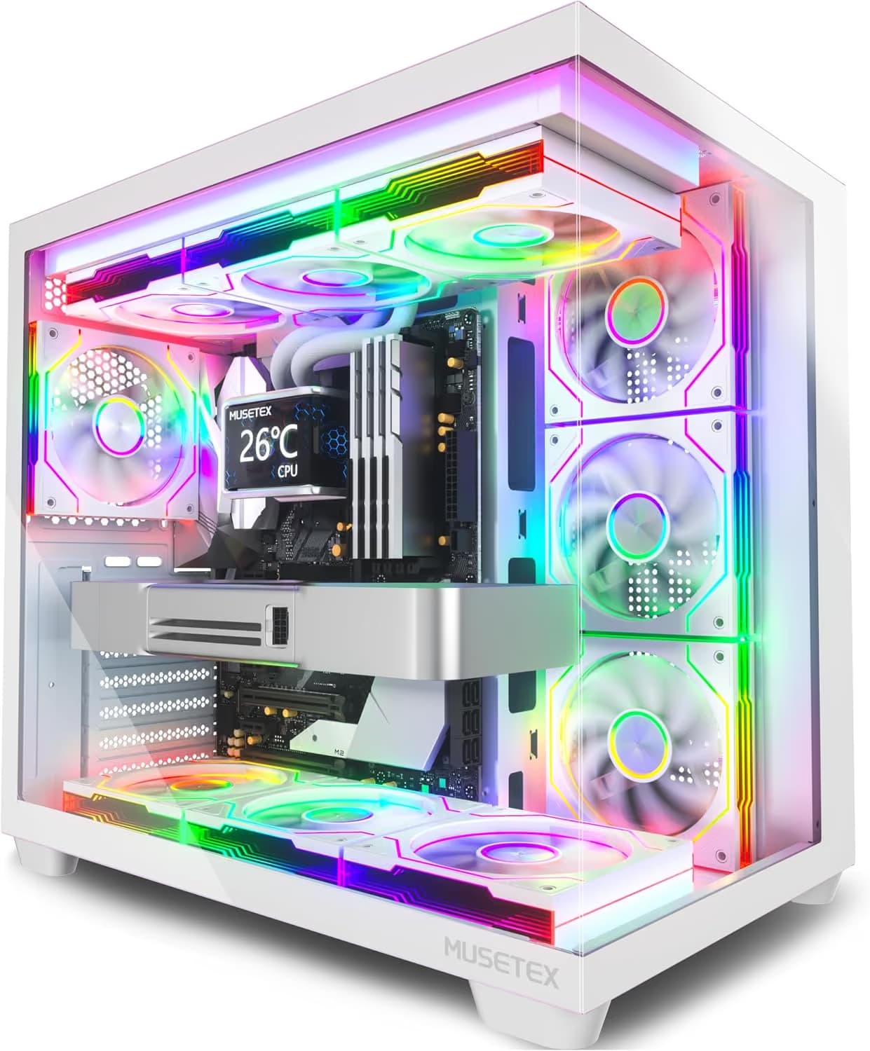 MUSETEX Y6 PC Case, Pre-Installed 7 Infinity Mirror PWM ARGB Fans, ATX Mid Tower Computer Case, Gaming PC Case main image