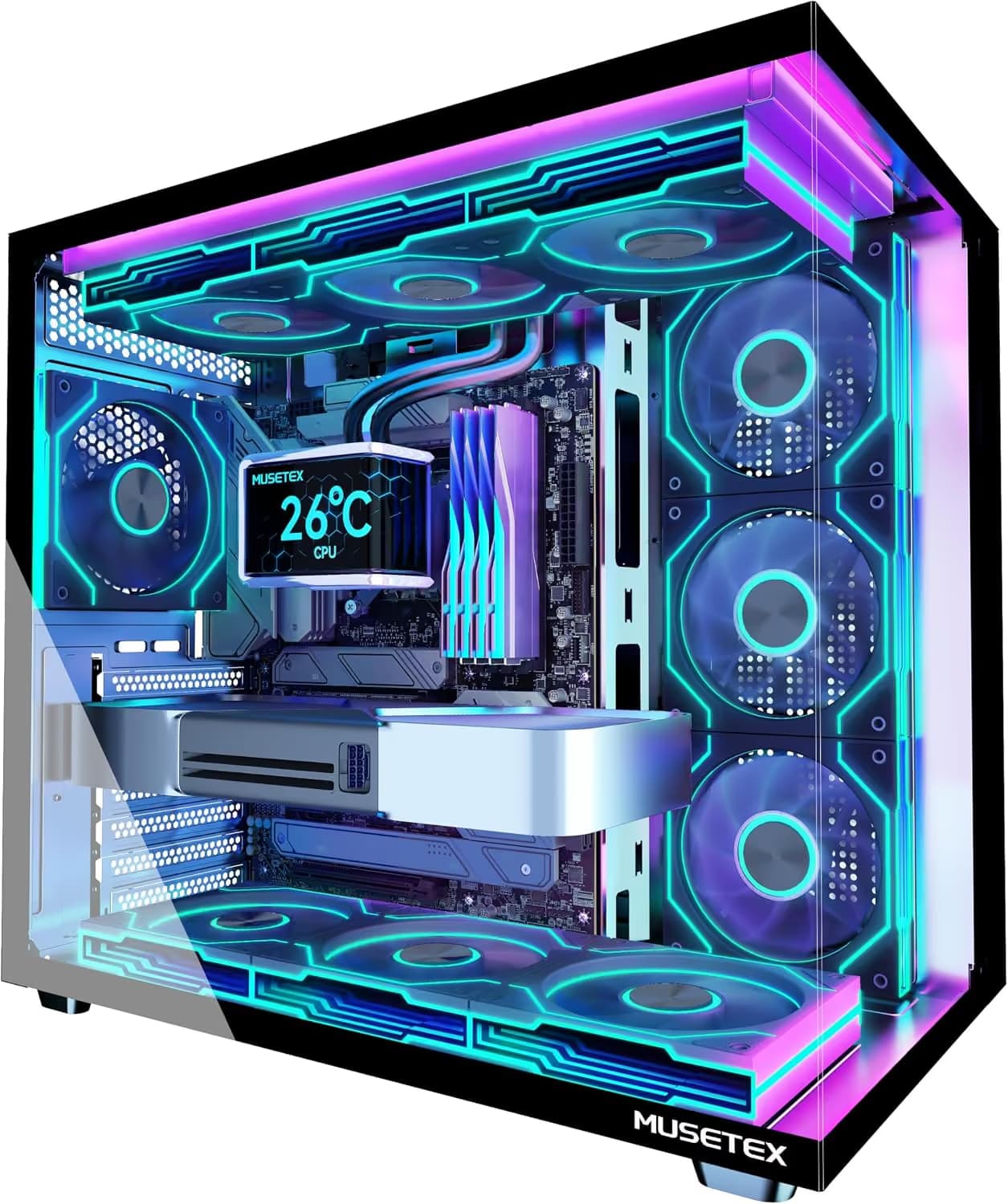 MUSETEX Y6 PC Case, Pre-Installed 7 Infinity Mirror PWM ARGB Fans, ATX Mid Tower Computer Case, Gaming PC Case Black image