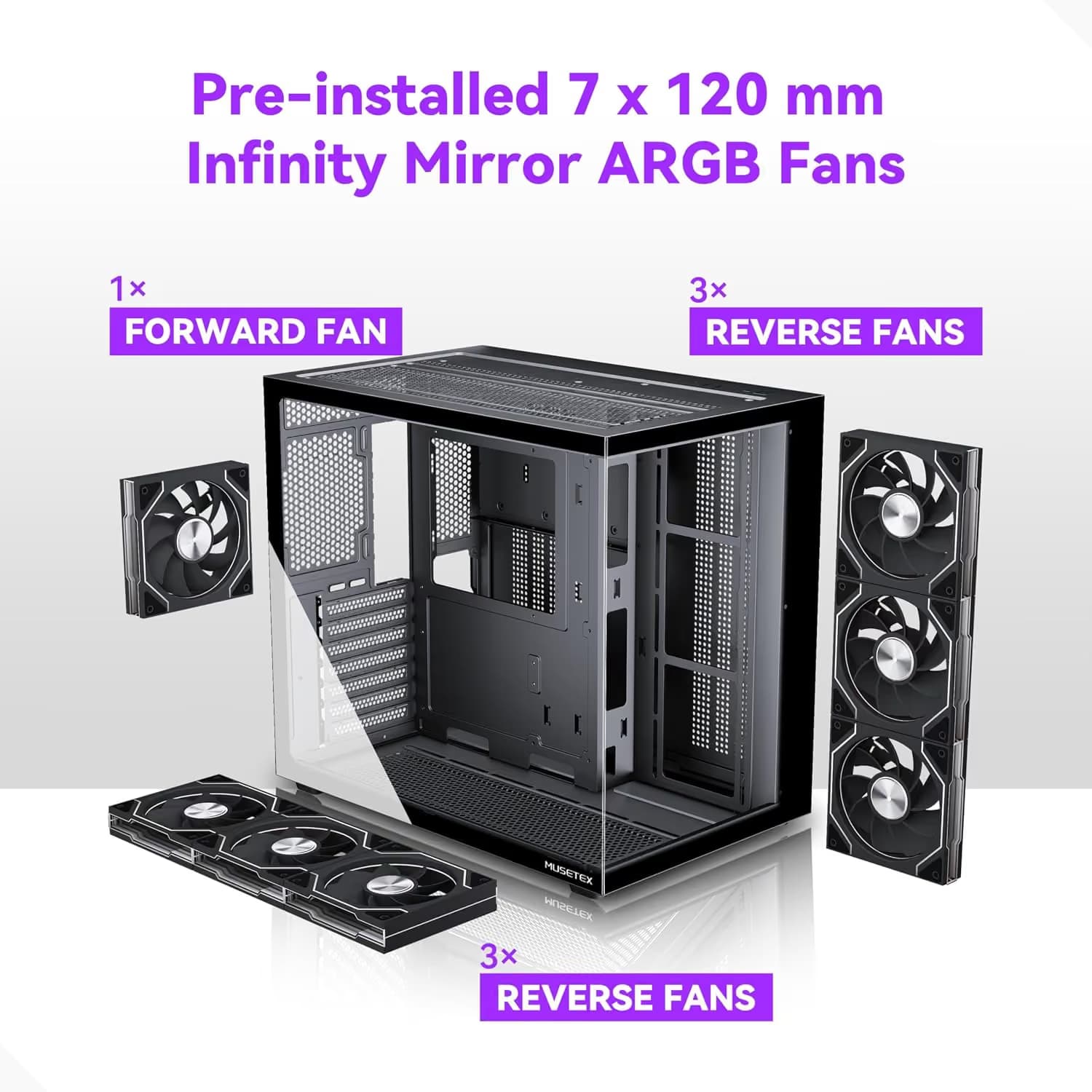 MUSETEX Y6 PC Case, Pre-Installed 7 Infinity Mirror PWM ARGB Fans, ATX Mid Tower Computer Case, Gaming PC Case Black image