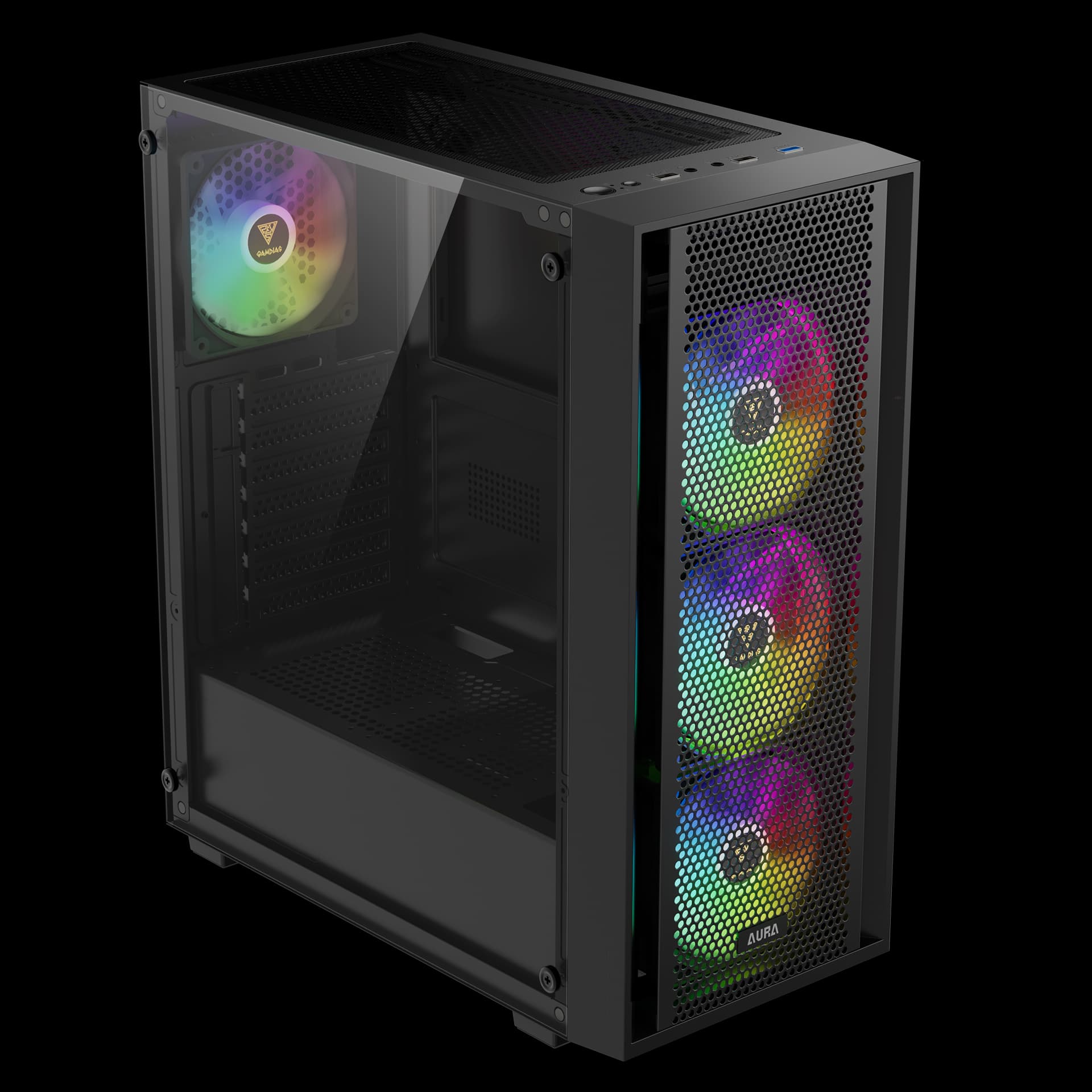 GAMDIAS AURA GC2 ELITE ATX Mid Tower Black with Tempered Glass Side Panel and USB 3.2 Gen 1 Type-A, USB 2.0 Type-A image