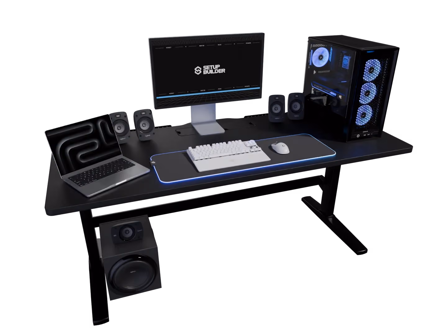 Desk setup with a monitor, keyboard, mouse, speakers, laptop, and blue-lit PC in Setup Builder