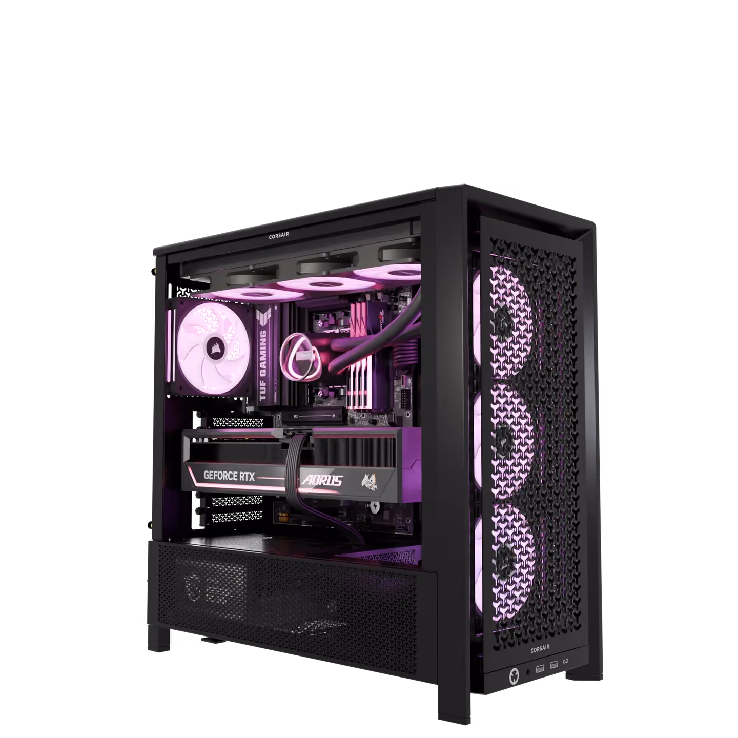 A custom PC visualized in BuildCores with a graphics card, liquid CPU cooler, memory, and pink RGB fans