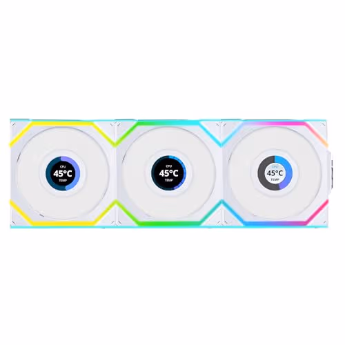 Lian Li UNI FAN SL Wireless LCD 120mm 51.45 CFM Addressable RGB PWM White 3-Pack image