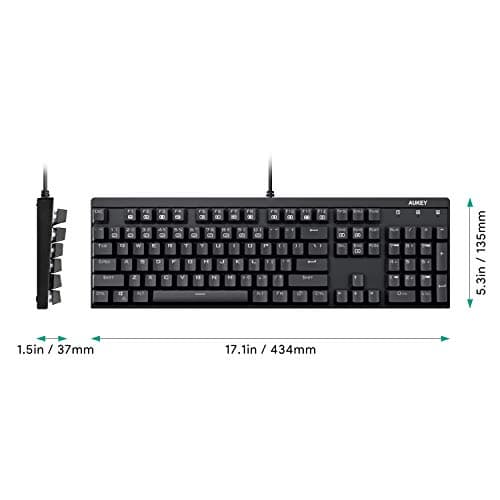 AUKEY Mechanical Keyboard LED Backlit Gaming Keyboard with Blue Switches, 104 Keys 100% Anti-ghosting with Metal Top Panel and Water-Resistant Design for PC and Laptop Gamers, Black image