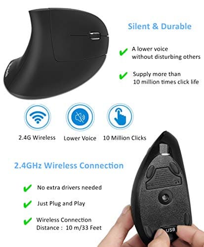 Ergonomic Mouse, Vertical Wireless Mouse-Ulytech Rechargeable 2.4GHz Optical Wireless Mouse: 3 Adjustable DPI 1000/1200/1600 Levels 6 Buttons, for Laptop, PC, Computer, Desktop, Notebook etc. image