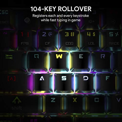 AUKEY Mechanical Keyboard Blue Switch, 104-Key RGB Backlit Gaming Keyboard with Customizable Lighting Effects, Aluminium USB Wired Keyboard for Gaming and Typing image