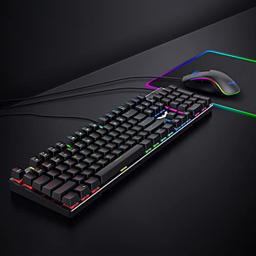 Havit Mechanical Gaming Keyboard and Mouse Combo Blue Switch 104 Keys Rainbow Backlit Keyboards, 4800DPI 7 Button Mouse Wired for PC Gamer Computer Laptop image