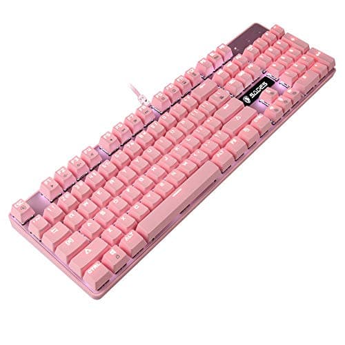 SUPSOO Mechanical Keyboard, USB Wired & Metal Panel, Compact 104 Key Computer Keyboard with Blue Switch and 12 Multimedia Keys for Windows PC Office Gamers, Pink White LED Backlit image