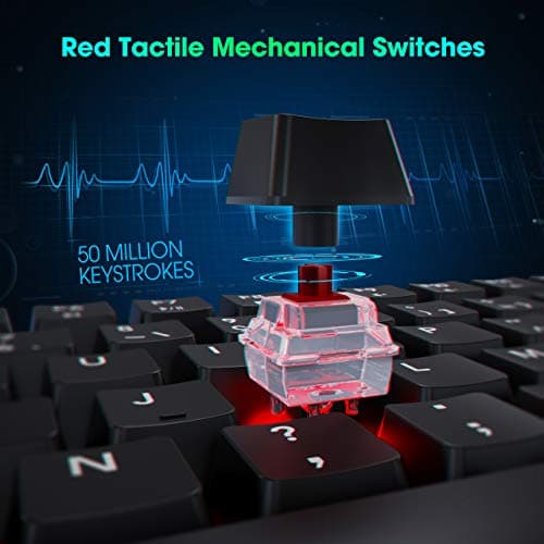 VicTsing Gaming Keyboard Wired, Red LED Backlit Mechanical Keyboard with Red Switch, 100% Anti-ghosting, Waterproof, Quiet Computer Keyboard with Detachable Ergonomic Wrist for Mac, PC Gamer image