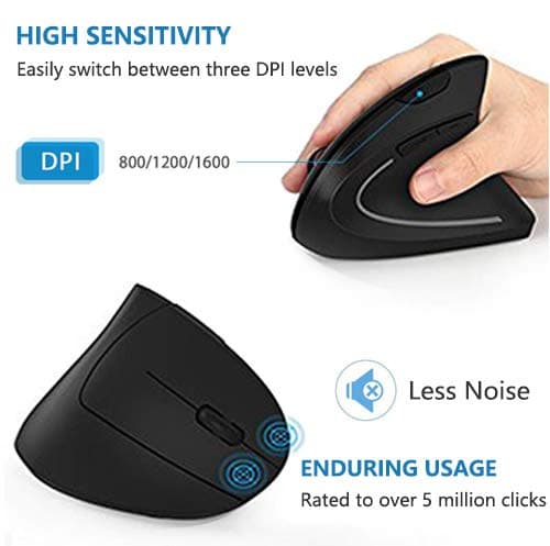 Ergonomic Wireless Mouse, Acedada Rechargeable 2.4G USB Wireless Vertical Ergonomic Mouse, 800/1200 /1600 DPI, for Laptop, Desktop, PC, Computer, Notebook - Black image