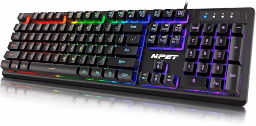 NPET K10 Gaming Keyboard USB Wired Floating Keyboard, Quiet Ergonomic Water-Resistant Mechanical Feeling Keyboard, Ultra-Slim Rainbow LED Backlit Keyboard for Desktop, Computer, PC image