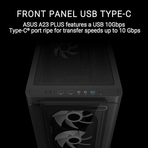 Asus A23 PLUS Micro ATX Mid Tower Black Tempered Glass Side Panel, USB 3.2 Gen 2 Type-C, USB 3.2 Gen 1 Type-A image