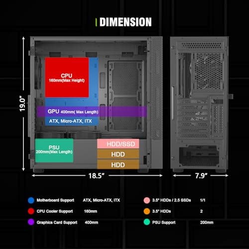 Vetroo AL600 ATX Mid Tower Black with Tempered Glass Side Panel and USB 3.2 Gen 1 Type-A, USB 2.0 Type-A Front Panel image