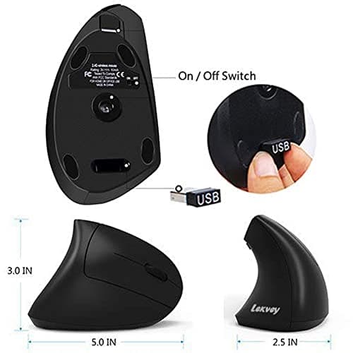 Ergonomic Mouse, Vertical Wireless Mouse - LEKVEY Rechargeable 2.4GHz Optical Vertical Mice : 3 Adjustable DPI 800/1200/1600 Levels 6 Buttons, for Laptop, PC, Computer, Desktop, Notebook etc, Black image