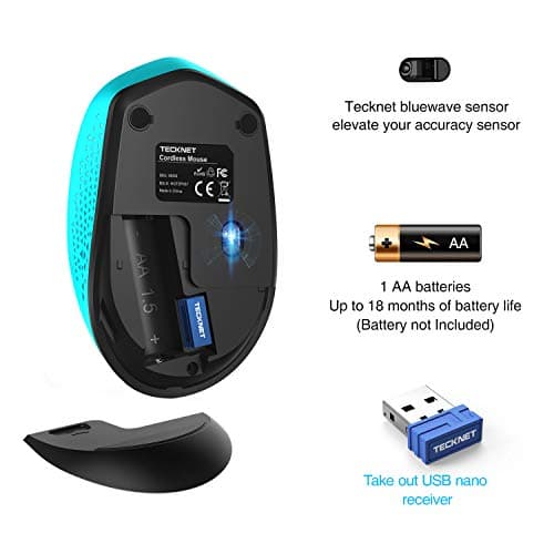 TECKNET Omni Small Portable 2.4G Wireless Optical Mouse with USB Nano Receiver for Laptop Computer, 18 Month Battery Life, 3 Adjustable DPI Levels: 2000/1500/1000 DPI image
