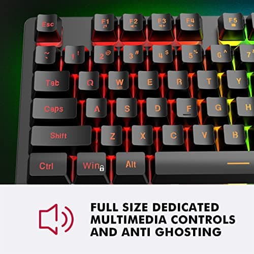 NPET K10 Gaming Keyboard USB Wired Floating Keyboard, Quiet Ergonomic Water-Resistant Mechanical Feeling Keyboard, Ultra-Slim Rainbow LED Backlit Keyboard for Desktop, Computer, PC image