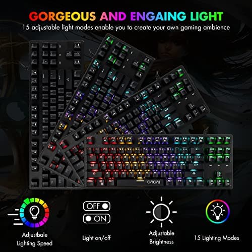CHONCHOW Backlit Mechanical Gaming Keyboard Compact 87 Keys LED Tenkeyless Wired Mecanico Blue Switches Keyboard Compatible with Windows PC Mac Vista etc-Black image