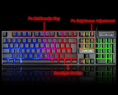 Gaming LED Wired Keyboard and Mouse Combo with Emitting Character 3200DPI USB Mouse Multimedia Keys Rainbow Backlight Mechanical Feeling for PC Resberry Pi Mac TOB Box with Mousepad,910b image