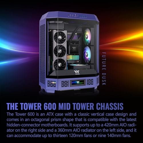 Thermaltake The Tower 600 ATX Mid Tower Purple Tempered Glass Side Panel, USB 3.2 Gen 2 Type-C, USB 3.2 Gen 1 Type-A image