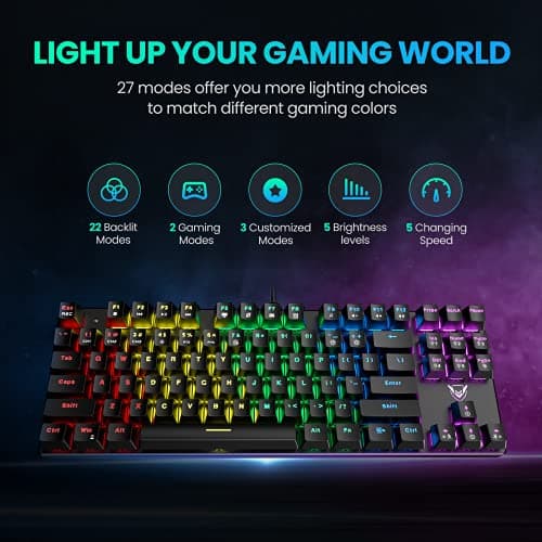 PICTEK TKL Mechanical Gaming Keyboard, Compact 87 Key Mechanical Computer Keyboard with Blue Equivalent Switches, 27 LED Lighting Modes, 100% Anti-Ghosting Wired USB Keyboard for Windows PC/MAC Games image