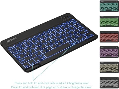 Arteck HB030B Universal Slim Portable Wireless Bluetooth 3.0 7-Colors Backlit Keyboard with Built in Rechargeable Battery, Black image