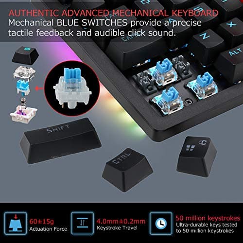 E-YOOSO Mechanical Keyboard Wired Gaming Keyboard with Blue Switches LED Backlit, 104 Keys N-Key Rollover Anti-Ghosting Computer Keyboard for PC Desktop Gamers, Black image