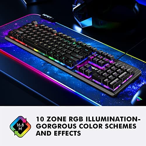 NPET K10 Gaming Keyboard USB Wired Floating Keyboard, Quiet Ergonomic Water-Resistant Mechanical Feeling Keyboard, Ultra-Slim Rainbow LED Backlit Keyboard for Desktop, Computer, PC image