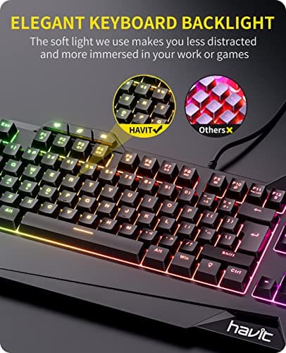 Havit Keyboard Rainbow Backlit Wired Gaming Keyboard Mouse Combo, LED 104 Keys USB Ergonomic Wrist Rest Keyboard, 3200DPI 6 Button Mouse for Windows PC Gamer Desktop, Computer (Black) image
