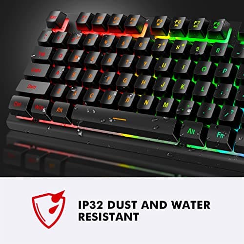 NPET K10 Gaming Keyboard USB Wired Floating Keyboard, Quiet Ergonomic Water-Resistant Mechanical Feeling Keyboard, Ultra-Slim Rainbow LED Backlit Keyboard for Desktop, Computer, PC image