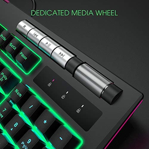 PICTEK RGB Gaming Keyboard 【Upgraded】 with Phone Holder, Volume Wheel, Customizable RGB Backlit Wired Keyboard, 9 Independent Multimedia Keys, Computer Keyboard for Mac/PC Gamers, Sega Saturn Games image