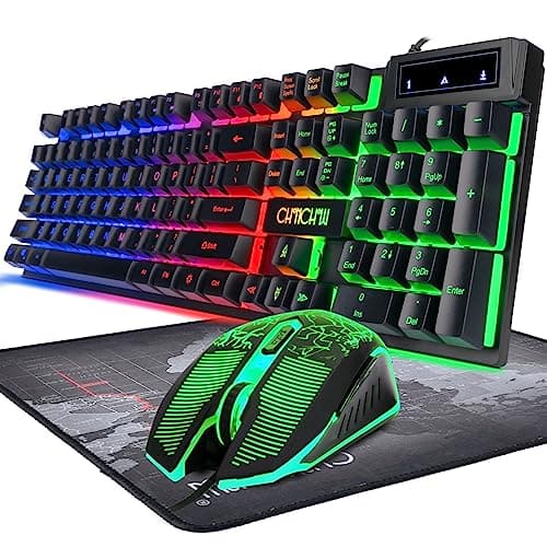 Gaming LED Wired Keyboard and Mouse Combo with Emitting Character 3200DPI USB Mouse Multimedia Keys Rainbow Backlight Mechanical Feeling for PC Resberry Pi Mac TOB Box with Mousepad,910b image