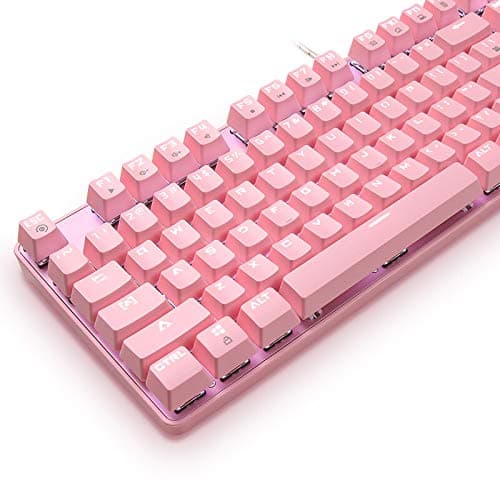 SUPSOO Mechanical Keyboard, USB Wired & Metal Panel, Compact 104 Key Computer Keyboard with Blue Switch and 12 Multimedia Keys for Windows PC Office Gamers, Pink White LED Backlit image