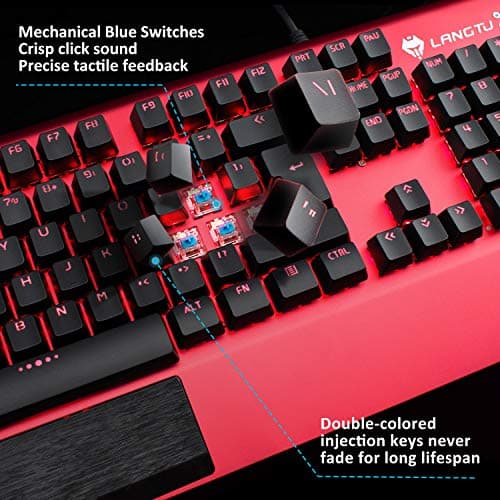 Mechanical Gaming Keyboard, LANGTU All-Metal Panel USB Wired Computer Keyboard with Wrist Rest, LED Backlit Keyboard Blue Switch 104 Keys for Windows PC Gamers - X1000 Silver/White image