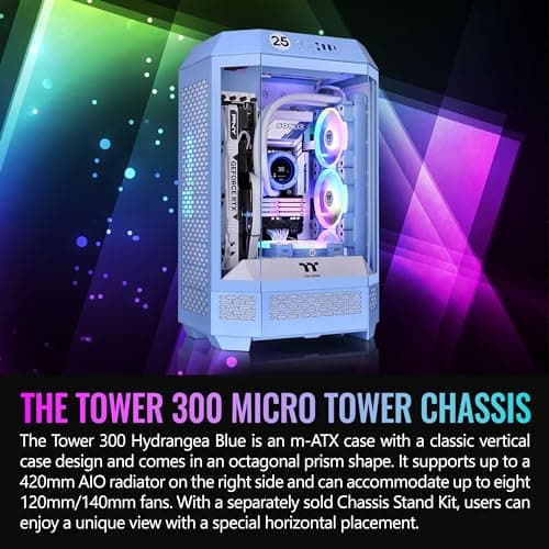 Thermaltake The Tower 300 MicroATX Mini Tower Tempered Glass Side Panel - Hydrangea Blue image