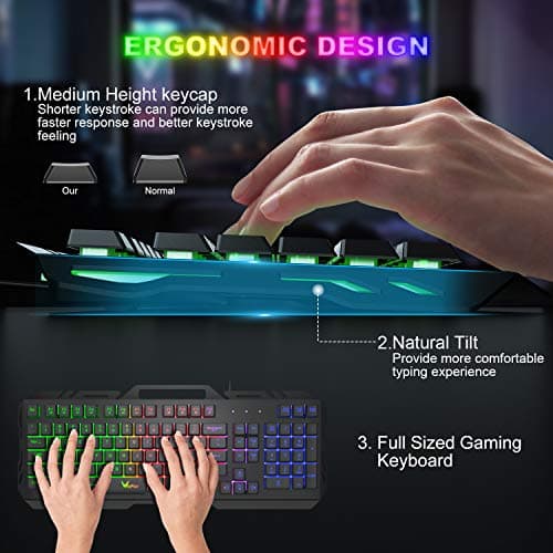 Gaming Keyboard, WisFox Colorful Rainbow LED Backlit Wired Computer Gaming Keyboard with 104 Keys, USB Wired Keyboard and Spill-Resistant for Windows PC Gamers Desktop PS4 image