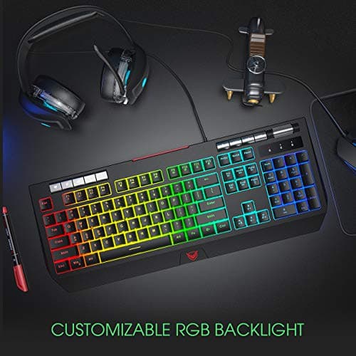 PICTEK RGB Gaming Keyboard 【Upgraded】 with Phone Holder, Volume Wheel, Customizable RGB Backlit Wired Keyboard, 9 Independent Multimedia Keys, Computer Keyboard for Mac/PC Gamers, Sega Saturn Games image