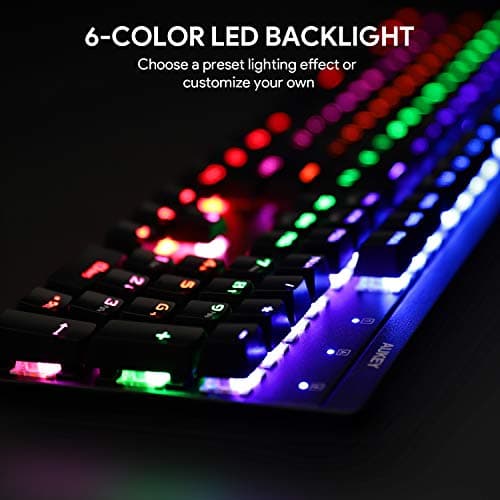 AUKEY Mechanical Keyboard LED Backlit Gaming Keyboard with Blue Switches, 104 Keys 100% Anti-ghosting with Metal Top Panel and Water-Resistant Design for PC and Laptop Gamers, Black image