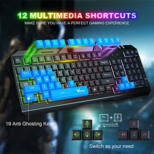 Gaming Keyboard, WisFox Colorful Rainbow LED Backlit Wired Computer Gaming Keyboard with 104 Keys, USB Wired Keyboard and Spill-Resistant for Windows PC Gamers Desktop PS4 image