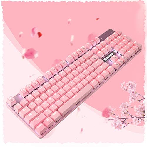SUPSOO Mechanical Keyboard, USB Wired & Metal Panel, Compact 104 Key Computer Keyboard with Blue Switch and 12 Multimedia Keys for Windows PC Office Gamers, Pink White LED Backlit image