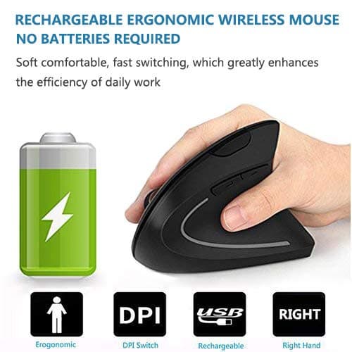 Ergonomic Wireless Mouse, Acedada Rechargeable 2.4G USB Wireless Vertical Ergonomic Mouse, 800/1200 /1600 DPI, for Laptop, Desktop, PC, Computer, Notebook - Black image