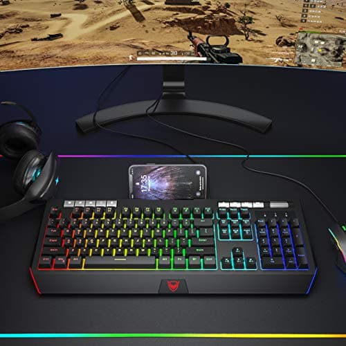 PICTEK RGB Gaming Keyboard 【Upgraded】 with Phone Holder, Volume Wheel, Customizable RGB Backlit Wired Keyboard, 9 Independent Multimedia Keys, Computer Keyboard for Mac/PC Gamers, Sega Saturn Games image
