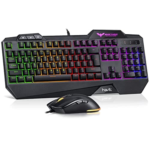 Havit Keyboard Rainbow Backlit Wired Gaming Keyboard Mouse Combo, LED 104 Keys USB Ergonomic Wrist Rest Keyboard, 3200DPI 6 Button Mouse for Windows PC Gamer Desktop, Computer (Black) image