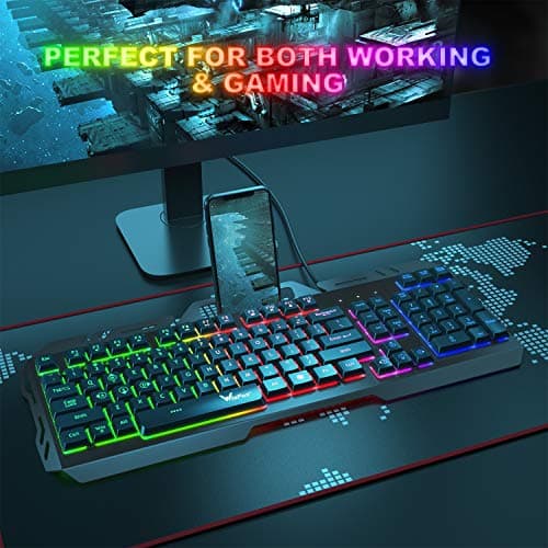 Gaming Keyboard, WisFox Colorful Rainbow LED Backlit Wired Computer Gaming Keyboard with 104 Keys, USB Wired Keyboard and Spill-Resistant for Windows PC Gamers Desktop PS4 image