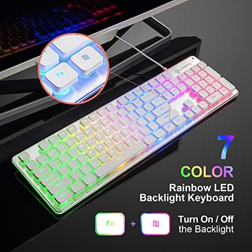 LANGTU Membrane Gaming Keyboard, Rainbow LED Backlit Quiet Keyboard for Office, USB Wired All-Metal Panel 25 Keys Anti-ghosting Computer Keyboard 104 Keys - L1 White/Silver image