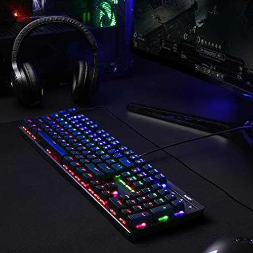 AUKEY Mechanical Keyboard LED Backlit Gaming Keyboard with Blue Switches, 104 Keys 100% Anti-ghosting with Metal Top Panel and Water-Resistant Design for PC and Laptop Gamers, Black image