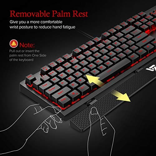 VicTsing Gaming Keyboard Wired, Red LED Backlit Mechanical Keyboard with Red Switch, 100% Anti-ghosting, Waterproof, Quiet Computer Keyboard with Detachable Ergonomic Wrist for Mac, PC Gamer image