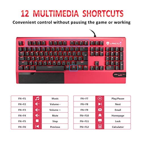 Mechanical Gaming Keyboard, LANGTU All-Metal Panel USB Wired Computer Keyboard with Wrist Rest, LED Backlit Keyboard Blue Switch 104 Keys for Windows PC Gamers - X1000 Silver/White image