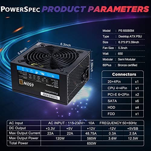 PowerSpec PS 650BSM Black 650W Semi-Modular 80+ Bronze Certified image